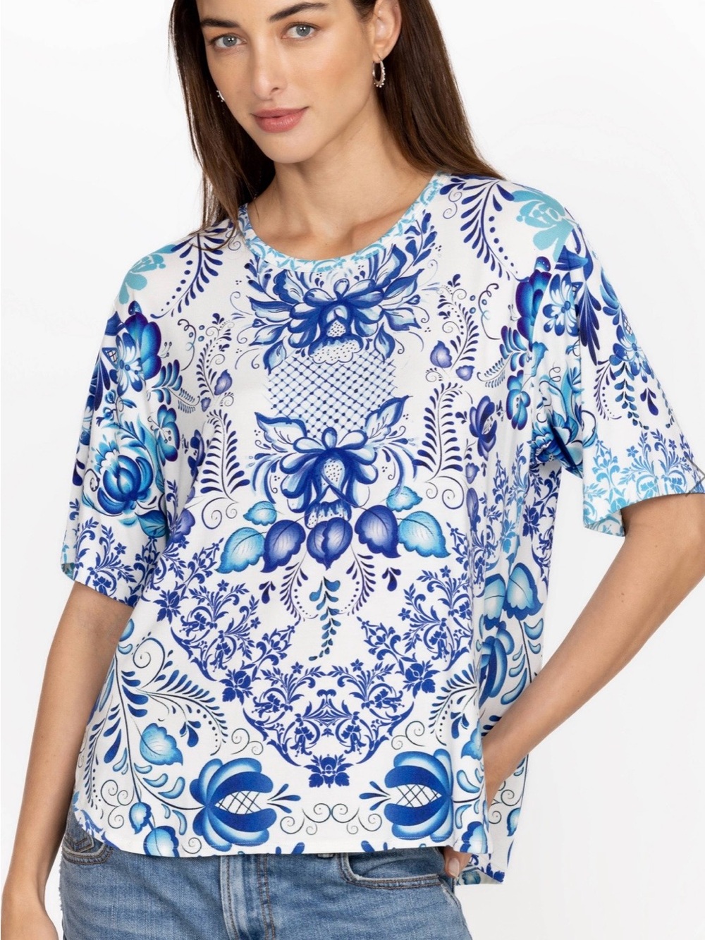 Johnny Was White Tee with Blue Floral Print